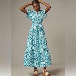 NWT Anthropologie Somerset Maxi in Blue Green Stripe Floral Cotton Tier Dress L
